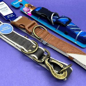 3x New Dog Collars Blue Stripe, Brown Waxed Canvas, and Faux Leather Sz Large